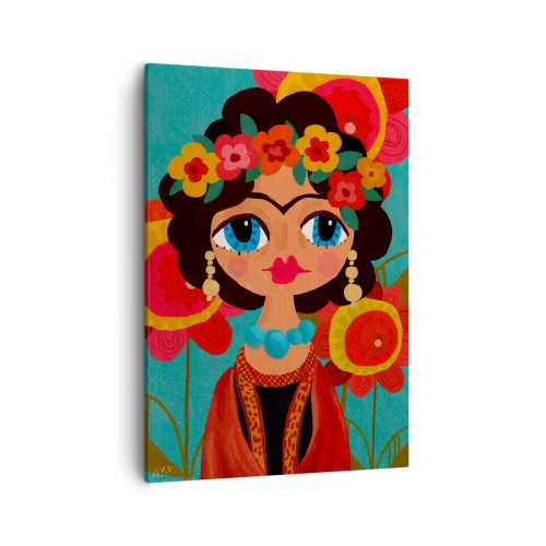 Obraz na płótnie - Kolorowy portret kobiety z kwiatową koroną na tle wzorzystych kwiatów - 50x70cm - Makowa panienka - Nowoczesna dekoracja ścienna do salonu, kuchni i sypialni ARTTOR