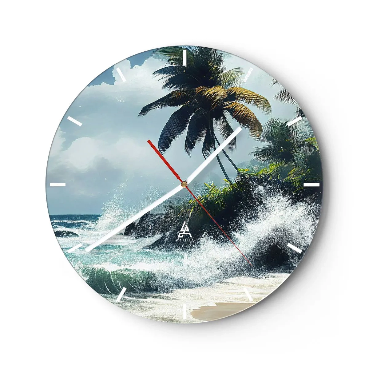 Zegar ścienny - Tropikalna plaża z palmami i rozbijającymi się falami oceanu - 30x30cm - Na tropikalnym brzegu - Nowoczesna dekoracja ścienna do salonu, kuchni i sypialni ARTTOR