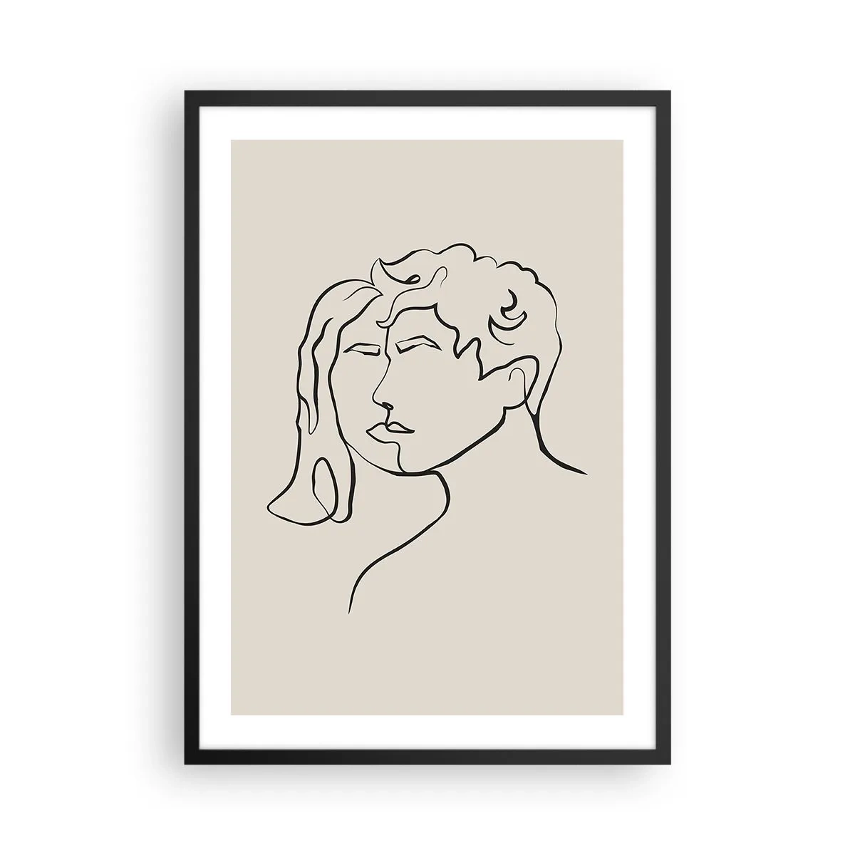 Plakat w czarnej ramie - Minimalistyczny szkic twarzy pary na beżowym tle - 50x70cm - I stała się jedność - Nowoczesna dekoracja ścienna do salonu i sypialni ARTTOR