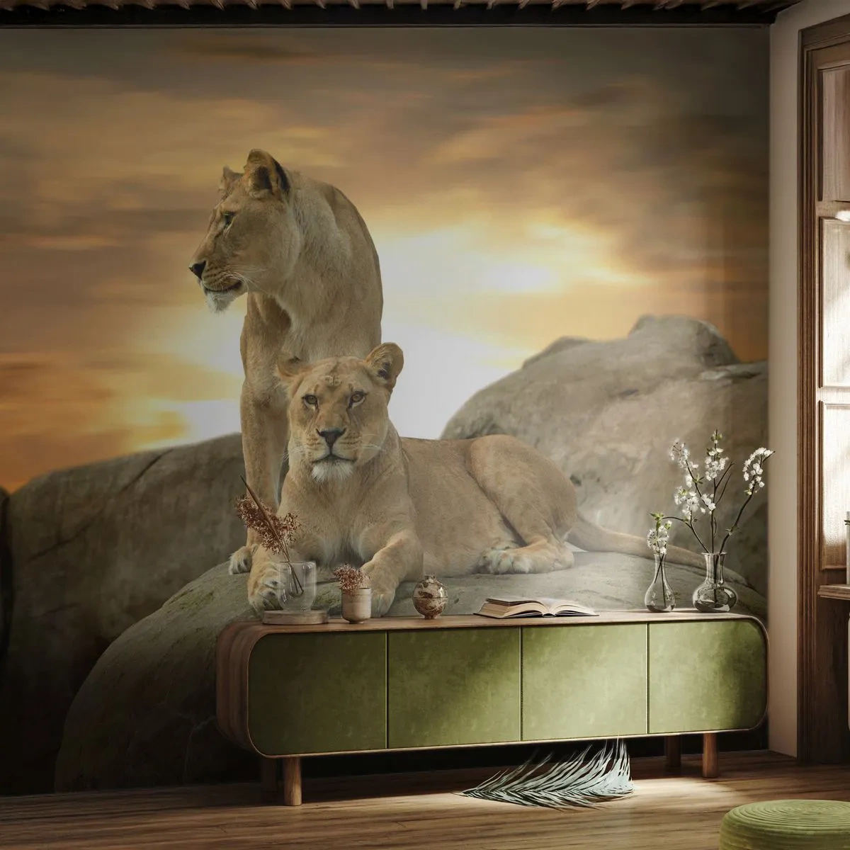 Fototapeta Premium Sand - Dwie lwice odpoczywające na skale o zachodzie słońca - 100x70cm - Królewski majestat - Nowoczesna dekoracja ścienna do salonu, kuchni i sypialni ARTTOR