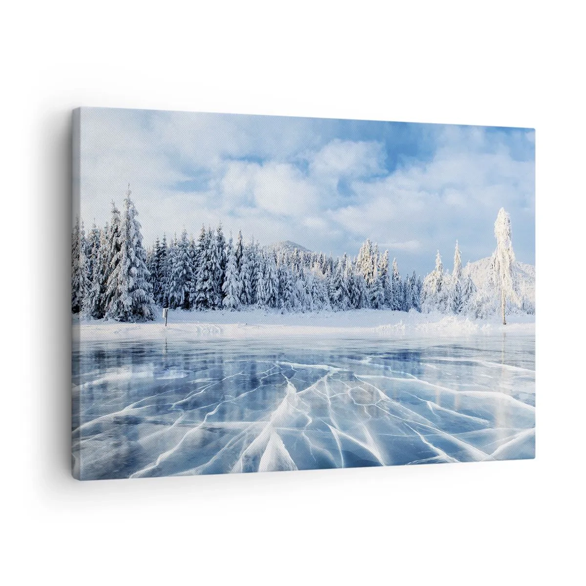 Obraz na płótnie - Zamarznięte jezioro otoczone zaśnieżonym lasem - 70x50cm - Olśniewający i krystaliczny widok - Nowoczesna dekoracja ścienna do salonu i sypialni ARTTOR
