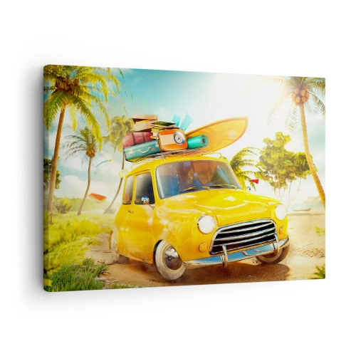 Obraz na płótnie - Żółty samochód z bagażami na tle tropikalnego krajobrazu - 70x50cm - Podróż po niejeden uśmiech - Nowoczesna dekoracja ścienna do salonu i sypialni ARTTOR