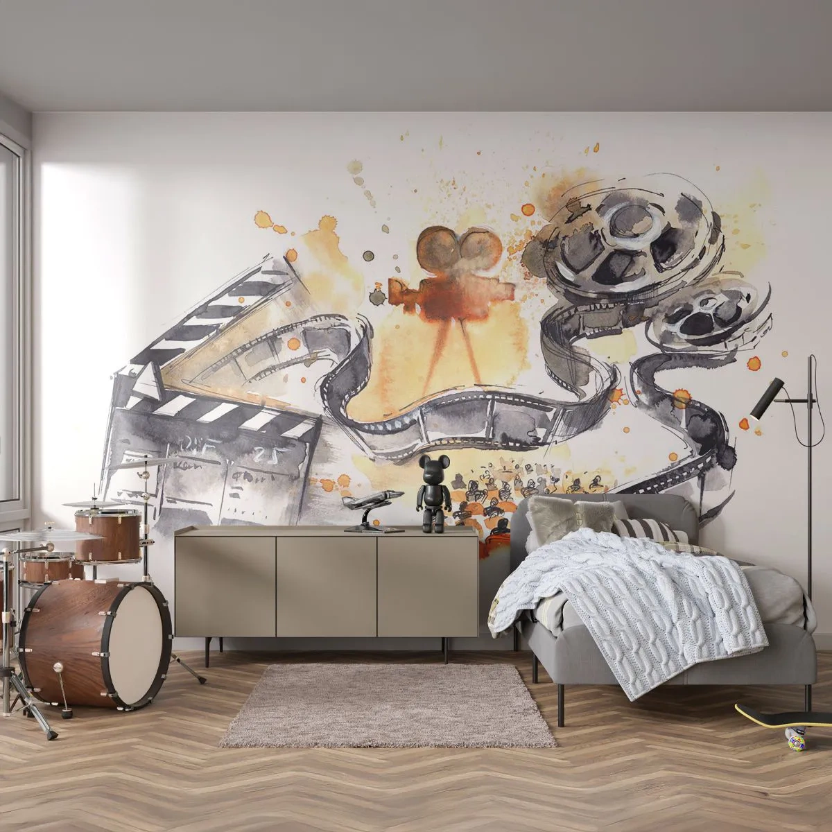 Fototapeta Premium Sand - Filmowa ilustracja z kamerą, taśmą i klapsem reżyserskim - 100x70cm - W krainie snów - Nowoczesna dekoracja ścienna do salonu, kuchni i sypialni ARTTOR