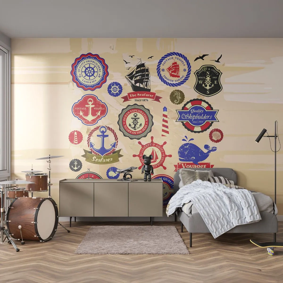 Fototapeta Premium Sand - Zestaw morskich emblematów w stylu vintage na beżowym tle - 100x70cm - Żeglarskie braterstwo - Nowoczesna dekoracja ścienna do salonu, kuchni i sypialni ARTTOR