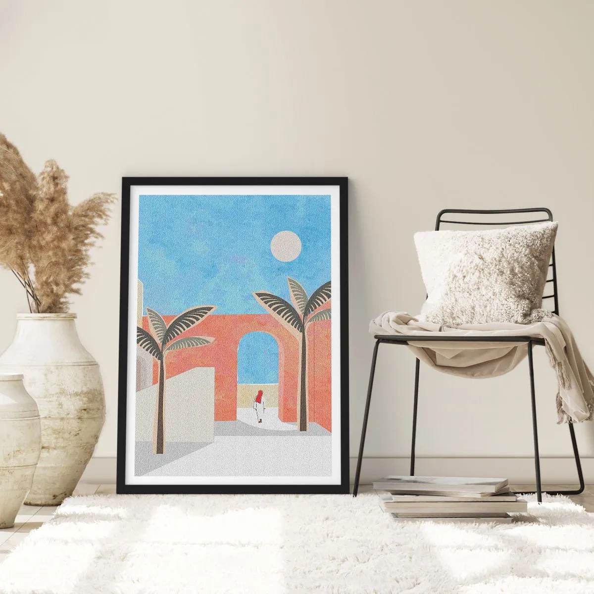 Plakat w czarnej ramie - Minimalistyczna sceneria z palmami i łukiem - 50x70cm - Arabski dzień - Nowoczesna dekoracja ścienna do salonu i sypialni ARTTOR