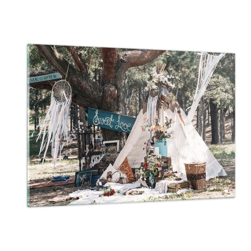 Obraz na szkle - Boho dekoracja plenerowa z tipi i kwiatami w lesie - 120x80cm - Make love… - Nowoczesna dekoracja ścienna do salonu, kuchni i sypialni ARTTOR