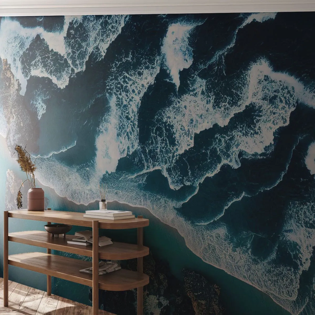 Fototapeta Premium Sand - Błękitne fale rozbijające się o ciemne nadmorskie skały - 100x70cm - Otulone falami - Nowoczesna dekoracja ścienna do salonu, kuchni i sypialni ARTTOR