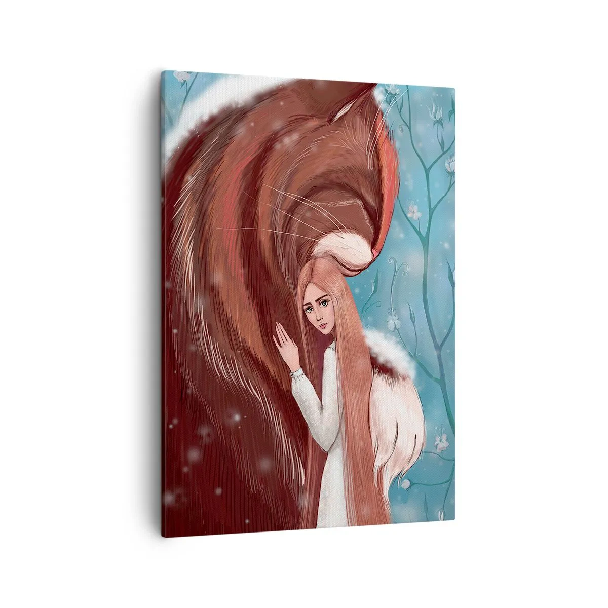 Obraz na płótnie - Ilustracja dziewczyny wtulonej w ogromnego rudego kota na tle zimowego krajobrazu - 50x70cm - Witaj w baśni - Nowoczesna dekoracja ścienna do salonu, kuchni i sypialni ARTTOR