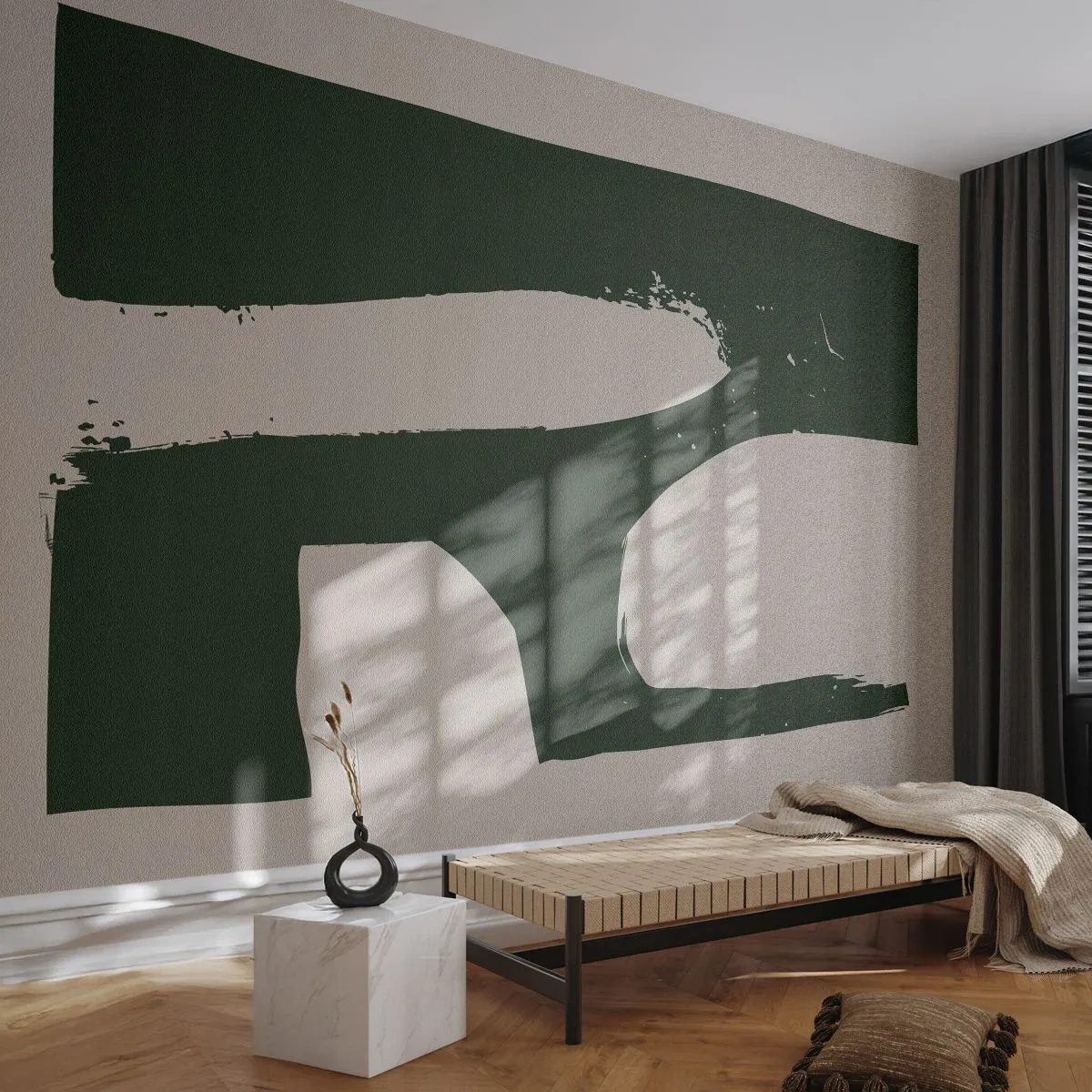 Fototapeta Premium Sand - Minimalistyczna forma w zieleni na jasnym tle - 100x70cm - Zatoki bieli - Nowoczesna dekoracja ścienna do salonu, kuchni i sypialni ARTTOR