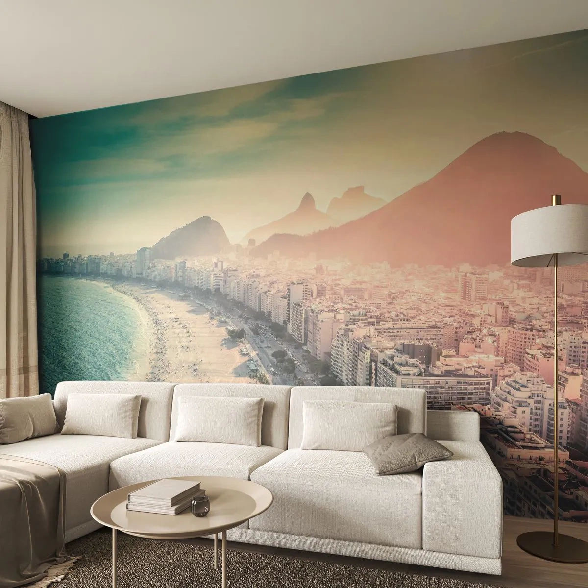 Fototapeta Premium Sand - Panorama Rio de Janeiro z plażą o zachodzie słońca - 100x70cm - Wieczne wakacje w Rio - Nowoczesna dekoracja ścienna do salonu, kuchni i sypialni ARTTOR