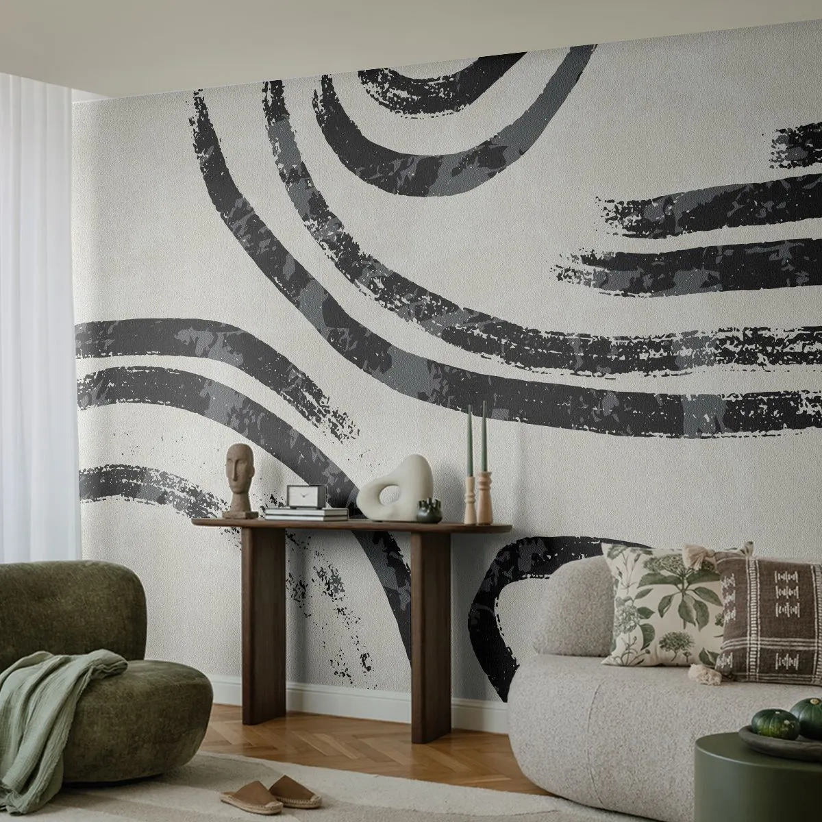 Fototapeta Premium Sand - Czarne graficzne linie na jasnym, teksturowanym tle - 100x70cm - W pół zatrzymany - Nowoczesna dekoracja ścienna do salonu, kuchni i sypialni ARTTOR