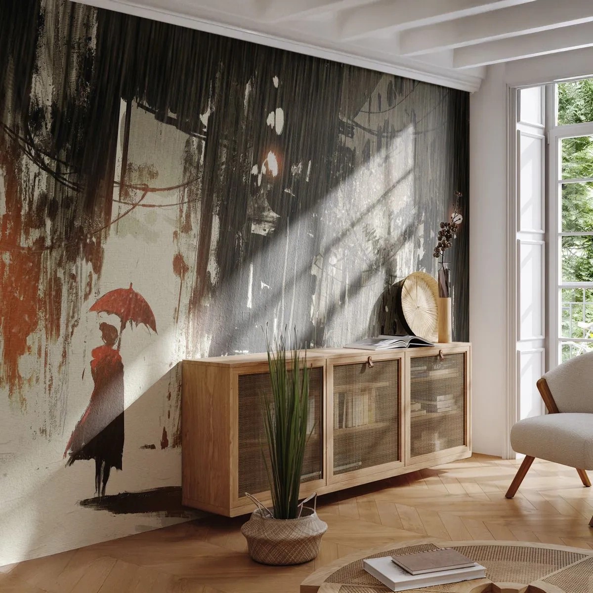 Fototapeta Premium Sand - Kobieta z czerwonym parasolem w deszczowym mieście - 100x70cm - Poezja czerwonego parasola - Nowoczesna dekoracja ścienna do salonu, kuchni i sypialni ARTTOR