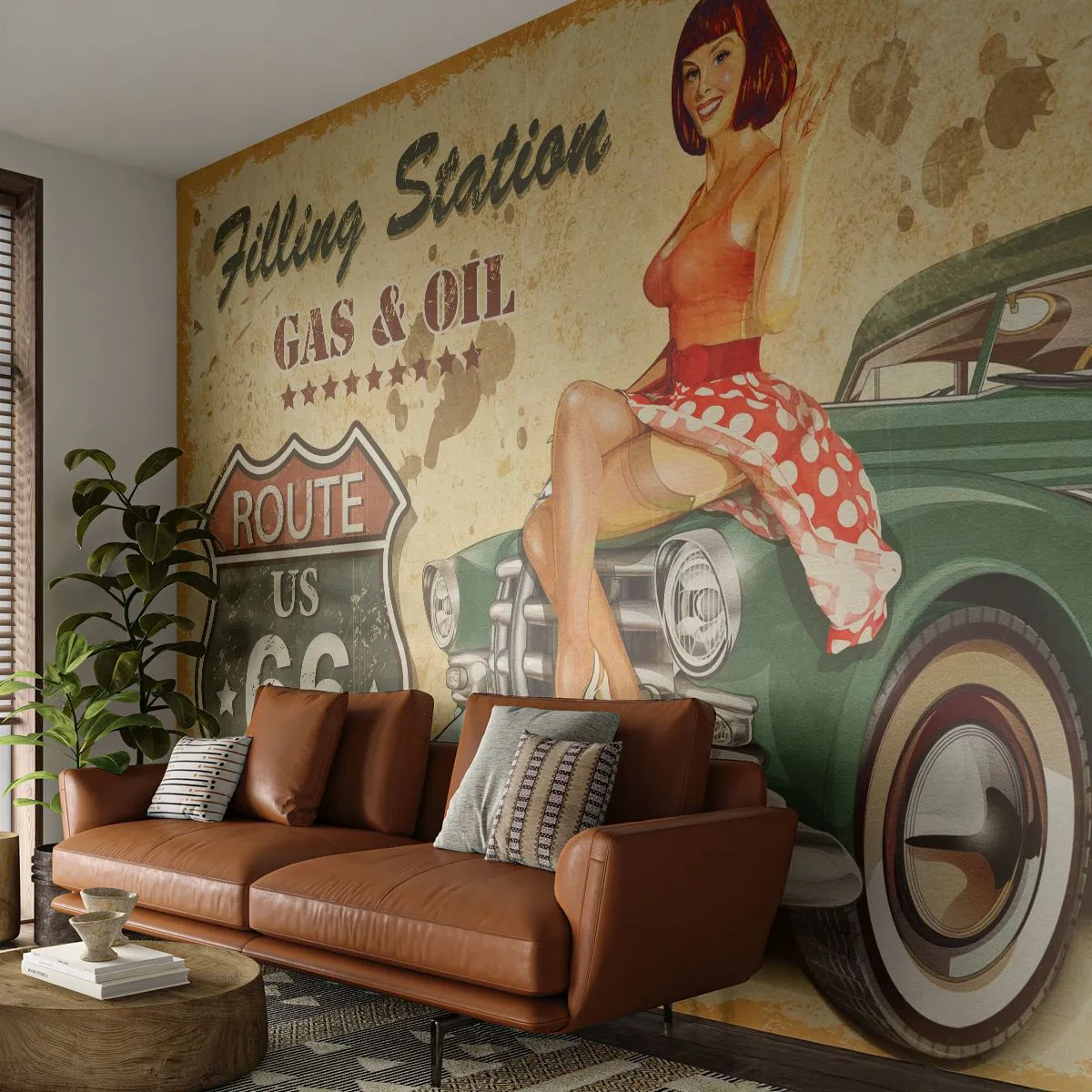 Fototapeta Premium Sand - Retro plakat Route 66 z pin-up girl i klasycznym autem - 100x70cm - Wspaniałe lata 40. - Nowoczesna dekoracja ścienna do salonu, kuchni i sypialni ARTTOR
