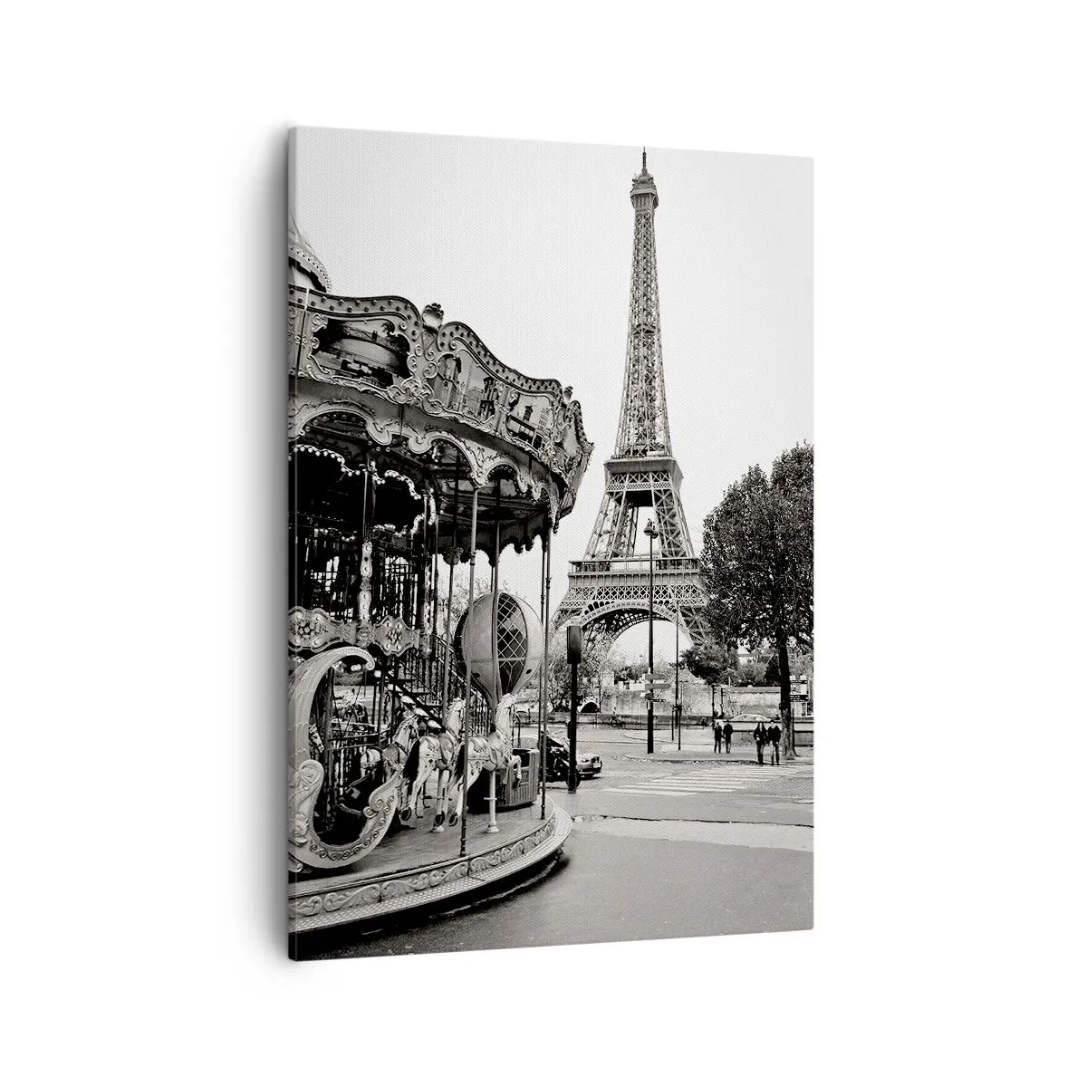 Obraz na płótnie - Karuzela w Paryżu na tle wieży Eiffla w czerni i bieli - 50x70cm - Jak zabawa, to tylko w Paryżu - Nowoczesna dekoracja ścienna do salonu, kuchni i sypialni ARTTOR
