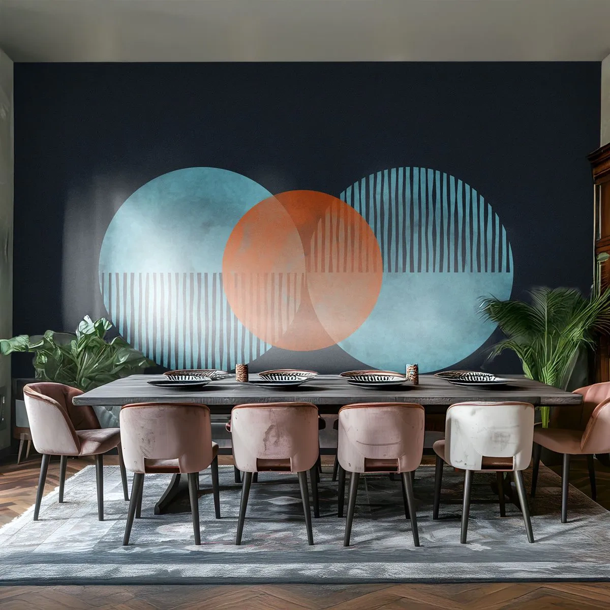 Fototapeta Premium Sand - Nowoczesna grafika geometryczna z kołami w odcieniach niebieskiego i pomarańczowego - 100x70cm - Kompozycja symetryczna - Nowoczesna dekoracja ścienna do salonu, kuchni i sypialni ARTTOR