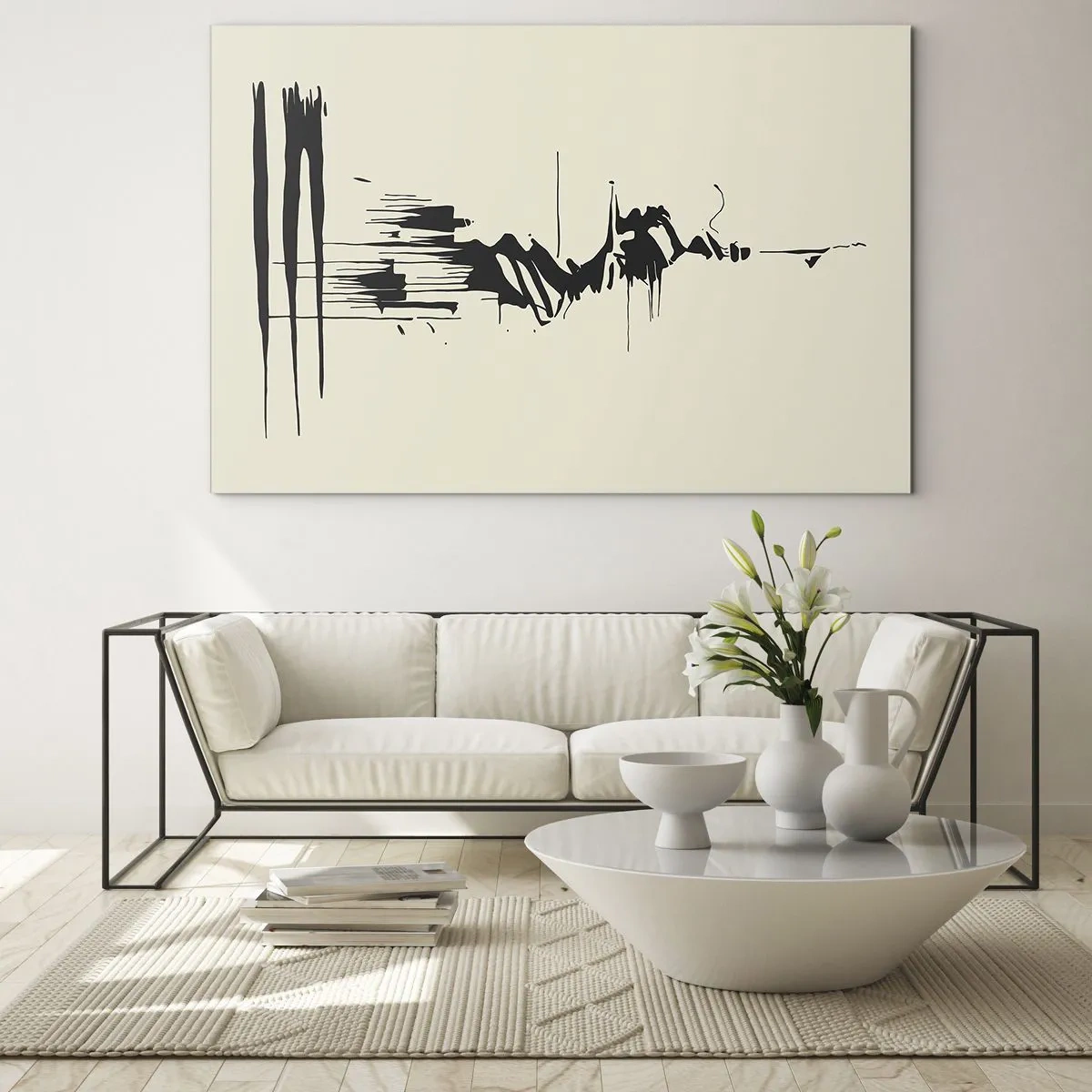 Obraz na szkle - Czarne dynamiczne linie i plamy na jasnym tle w abstrakcyjnym stylu - 70x50cm - Abstrakcja pośpieszna - Nowoczesna dekoracja ścienna do salonu i sypialni ARTTOR