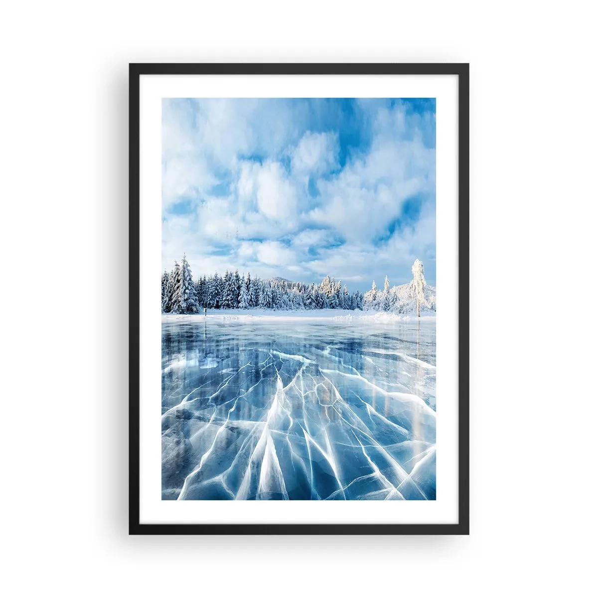 Plakat w czarnej ramie - Zamarznięte jezioro w zimowym krajobrazie - 50x70cm - Olśniewający i krystaliczny widok - Nowoczesna dekoracja ścienna do salonu i sypialni ARTTOR