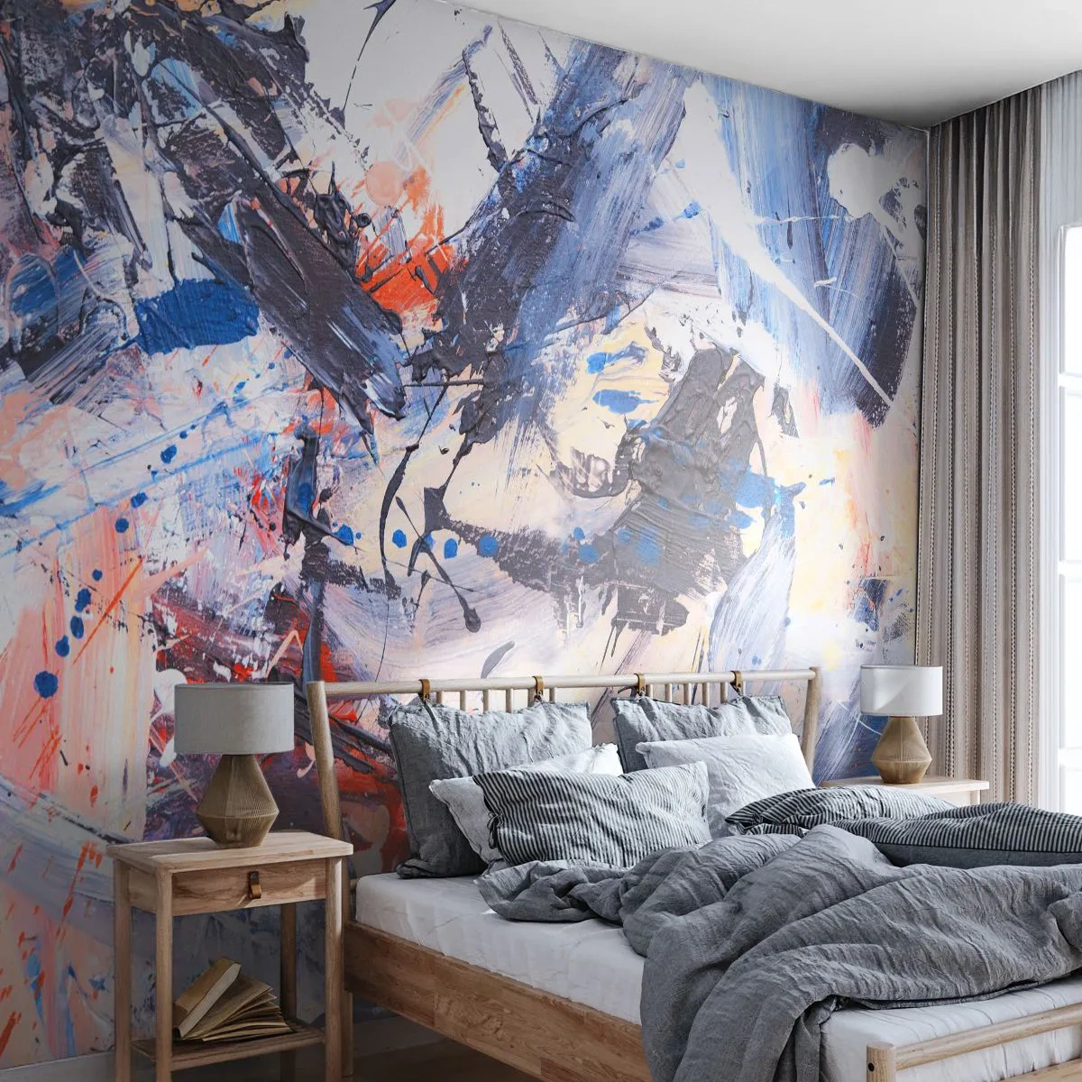 Fototapeta Premium Sand - Dynamiczna abstrakcja w odcieniach błękitu, czerni i pomarańczu - 100x70cm - Szalony taniec abstrakcji - Nowoczesna dekoracja ścienna do salonu, kuchni i sypialni ARTTOR