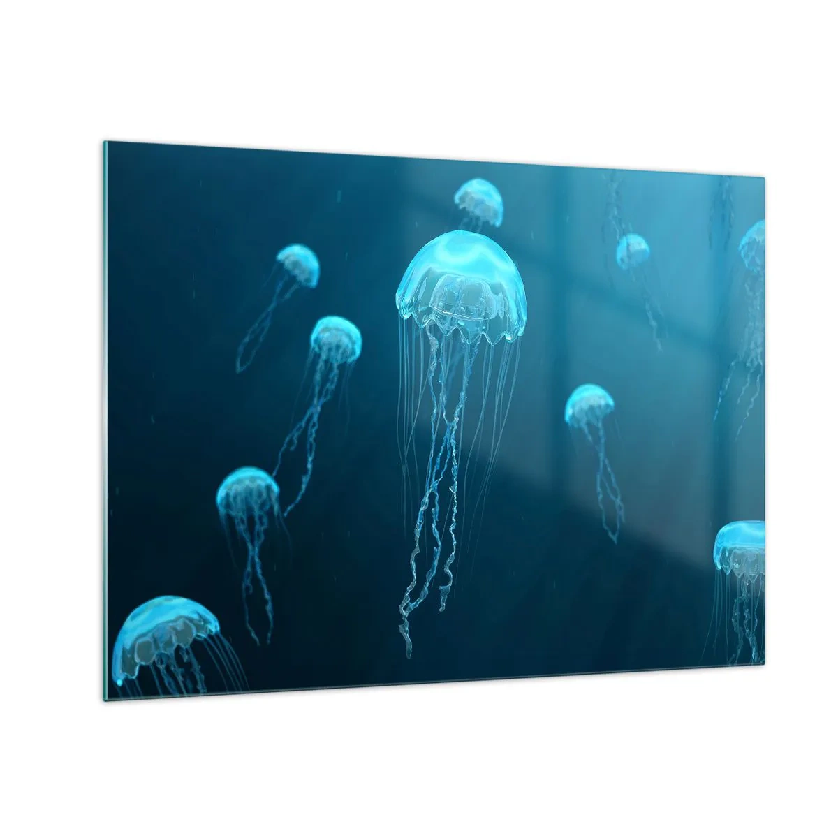 Obraz na szkle - Meduzy unoszące się w błękitnej głębi oceanu - 70x50cm - Oceaniczny taniec - Nowoczesna dekoracja ścienna do salonu i sypialni ARTTOR