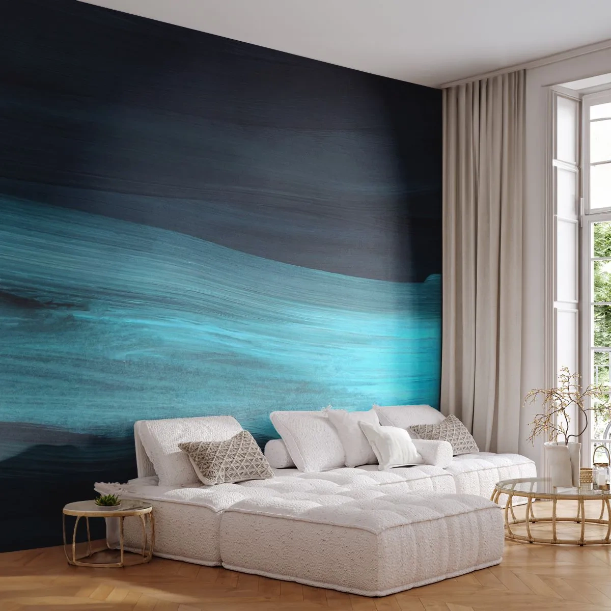 Fototapeta Premium Sand - Turkusowy nurt rozmyty na ciemnym, abstrakcyjnym tle - 100x70cm - Popłyń z nurtem - Nowoczesna dekoracja ścienna do salonu, kuchni i sypialni ARTTOR