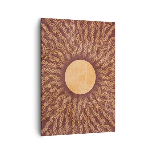 Obraz na płótnie - Stylizowane słońce z promieniami w odcieniach brązu i złota na teksturowanym tle - 50x70cm - Ikona słońca - Nowoczesna dekoracja ścienna do salonu, kuchni i sypialni ARTTOR