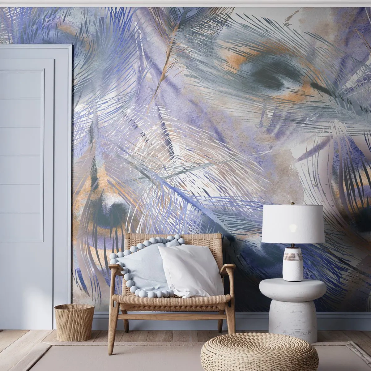 Fototapeta Premium Sand - Delikatne pióra pawia w odcieniach błękitu - 100x70cm - Pawiooka kompozycja - Nowoczesna dekoracja ścienna do salonu, kuchni i sypialni ARTTOR