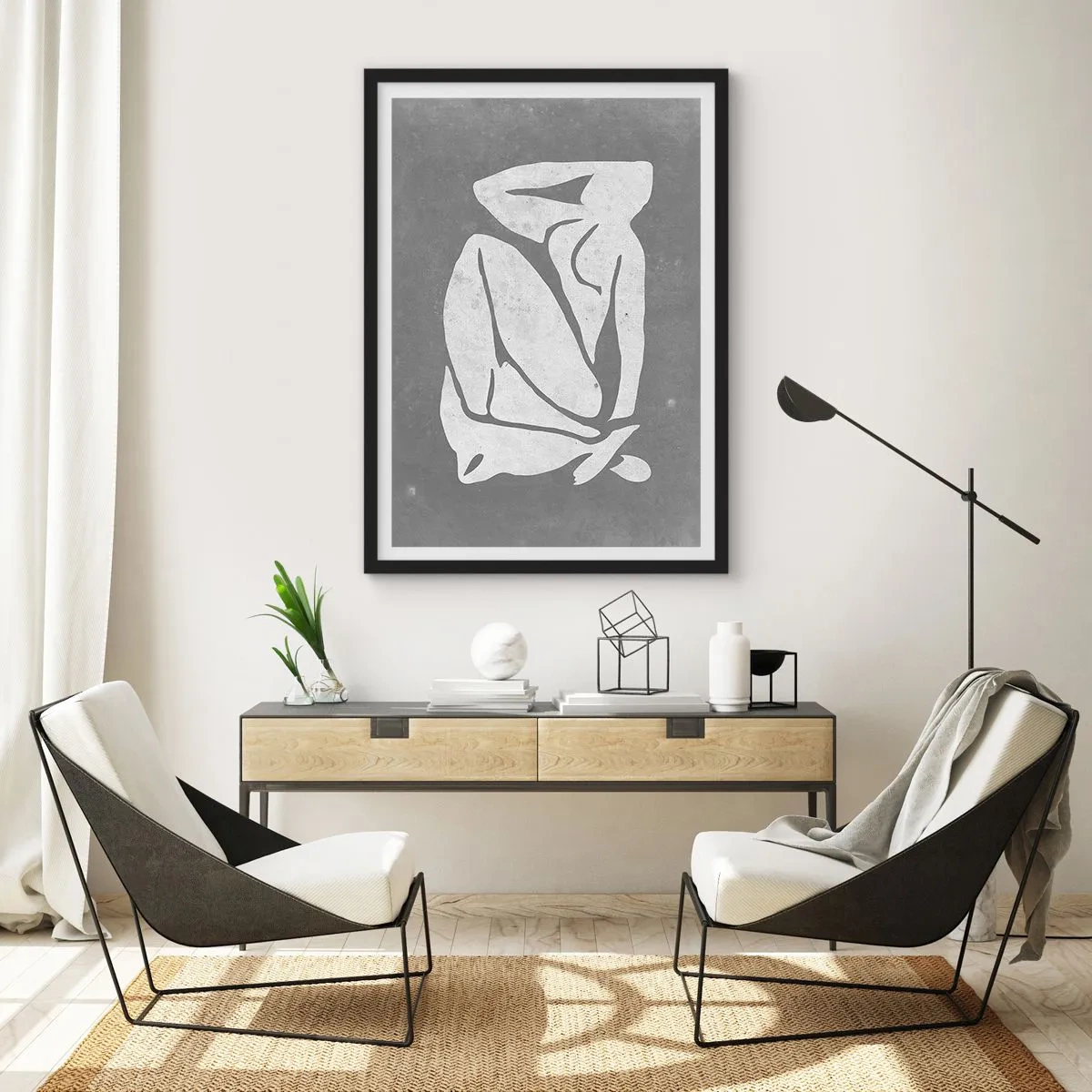 Plakat w czarnej ramie - Minimalistyczna sylwetka kobiety w odcieniach szarości - 50x70cm - W zamyśleniu - Nowoczesna dekoracja ścienna do salonu i sypialni ARTTOR
