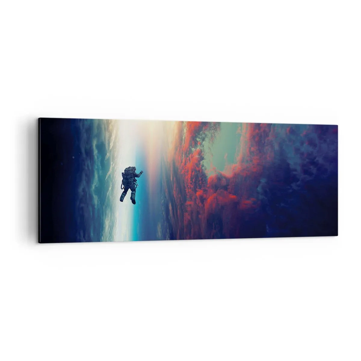 Obraz na płótnie - Astronauta unoszący się w kosmosie nad kolorową Ziemią - 140x50cm - Mierzyć się ze wszechświatem - Nowoczesna dekoracja ścienna do salonu i sypialni ARTTOR