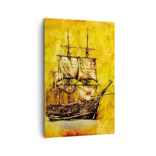Obraz na płótnie - Stylizowany rysunek żaglowca na złotym tle o vintage charakterze - 80x120cm - Kierunek Tortuga! - Nowoczesna dekoracja ścienna do salonu i sypialni ARTTOR