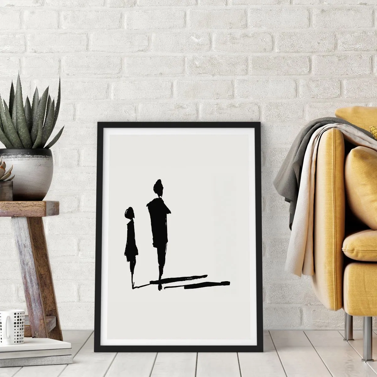 Plakat w czarnej ramie - Sylwetki dwóch postaci w czerni na jasnym tle - 50x70cm - Na pewno razem? - Nowoczesna dekoracja ścienna do salonu i sypialni ARTTOR