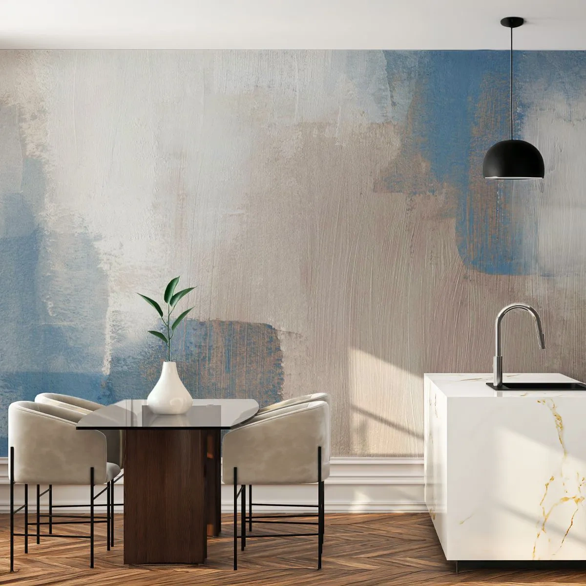 Fototapeta Premium Sand - Nowoczesna kompozycja plam w błękitach i beżach - 100x70cm - Abstrakcja różowa za zasłoną błękitu - Nowoczesna dekoracja ścienna do salonu, kuchni i sypialni ARTTOR