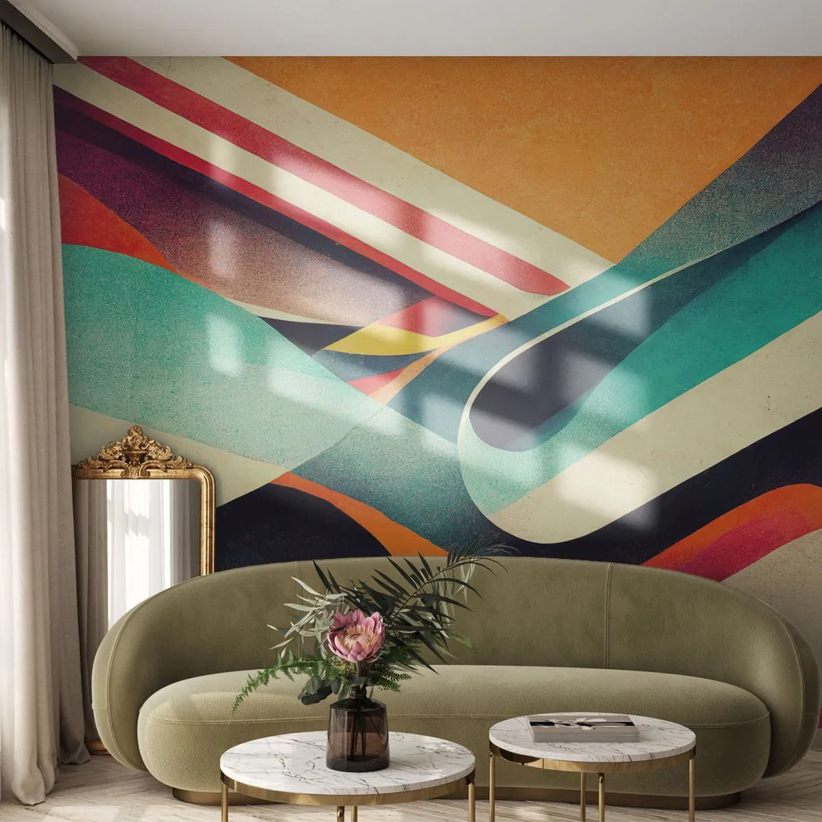 Fototapeta Premium Sand - Kolorowe abstrakcyjne fale w stylu retro na tle pomarańczowym - 100x70cm - Kompozycja intensywna - Nowoczesna dekoracja ścienna do salonu, kuchni i sypialni ARTTOR