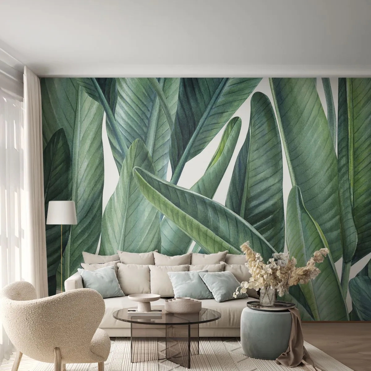 Fototapeta Premium Sand - Botaniczne liście bananowca w odcieniach zieleni na białym tle - 100x70cm - Zieleń sama w sobie - Nowoczesna dekoracja ścienna do salonu, kuchni i sypialni ARTTOR