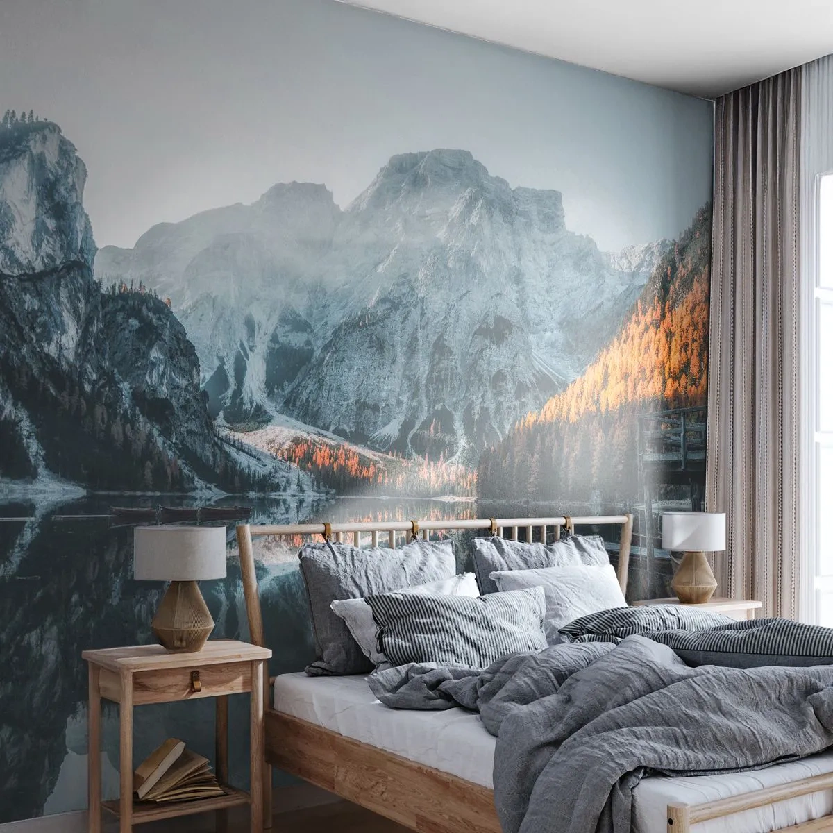 Fototapeta Premium Sand - Górski krajobraz odbijający się w tafli jeziora - 100x70cm - Lustrzany pejzaż - Nowoczesna dekoracja ścienna do salonu, kuchni i sypialni ARTTOR