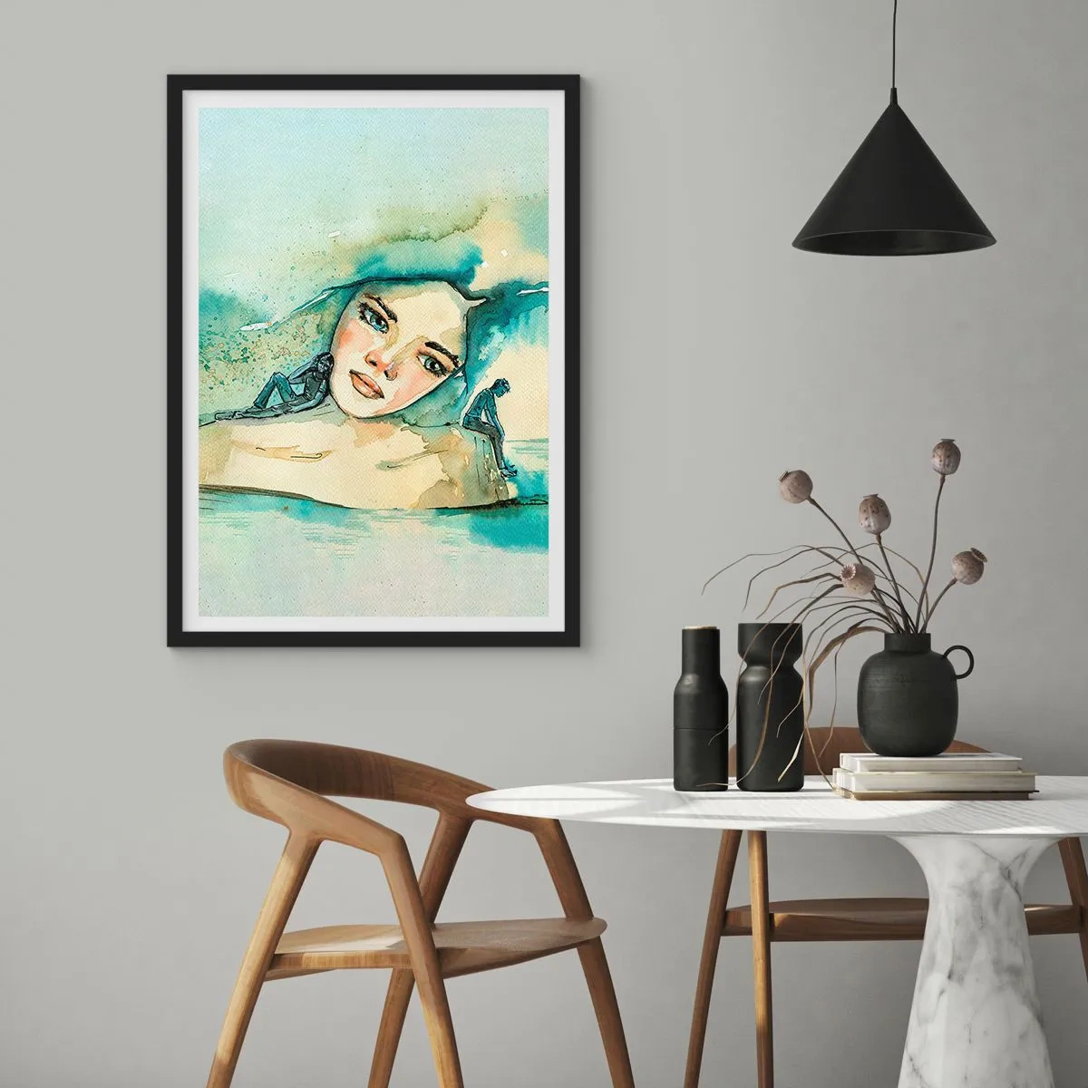 Plakat w czarnej ramie - Portret kobiety w artystycznym akwarelowym stylu - 50x70cm - Am I blue? - Nowoczesna dekoracja ścienna do salonu i sypialni ARTTOR