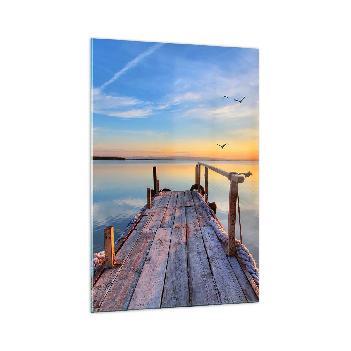 Obraz na szkle - Drewniane molo o zachodzie słońca na spokojnym jeziorze - 70x100cm - Iść przed siebie ku słońcu - Nowoczesna dekoracja ścienna do salonu i sypialni ARTTOR