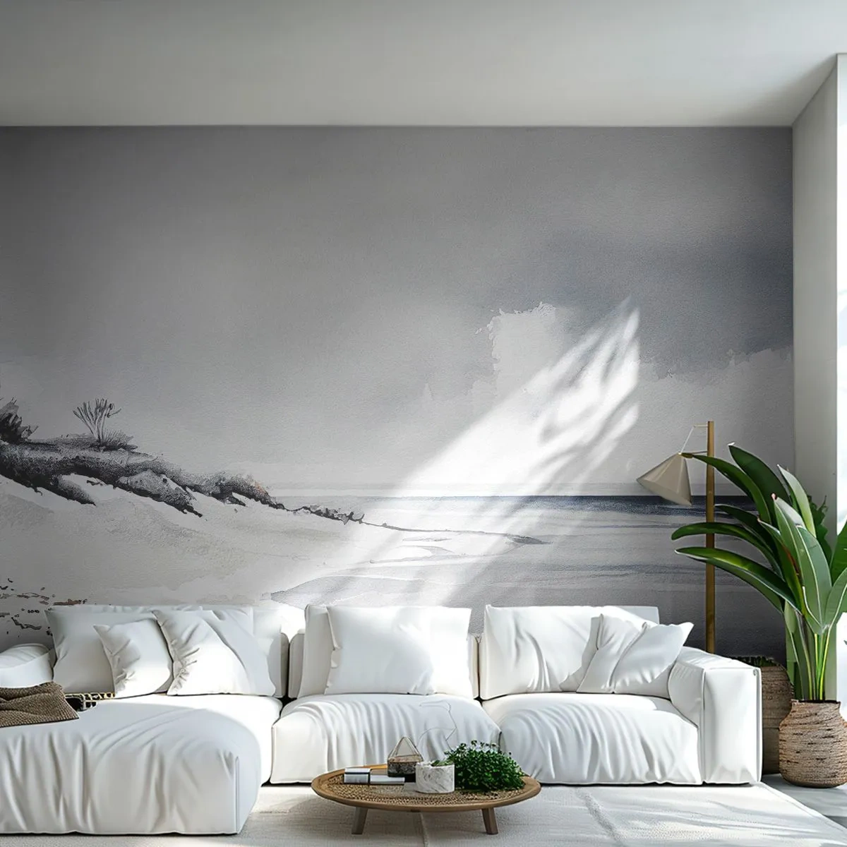 Fototapeta Premium Sand - Szare niebo i spokojne morze przy białej, pustej plaży - 100x70cm - Od zawsze razem - Nowoczesna dekoracja ścienna do salonu, kuchni i sypialni ARTTOR