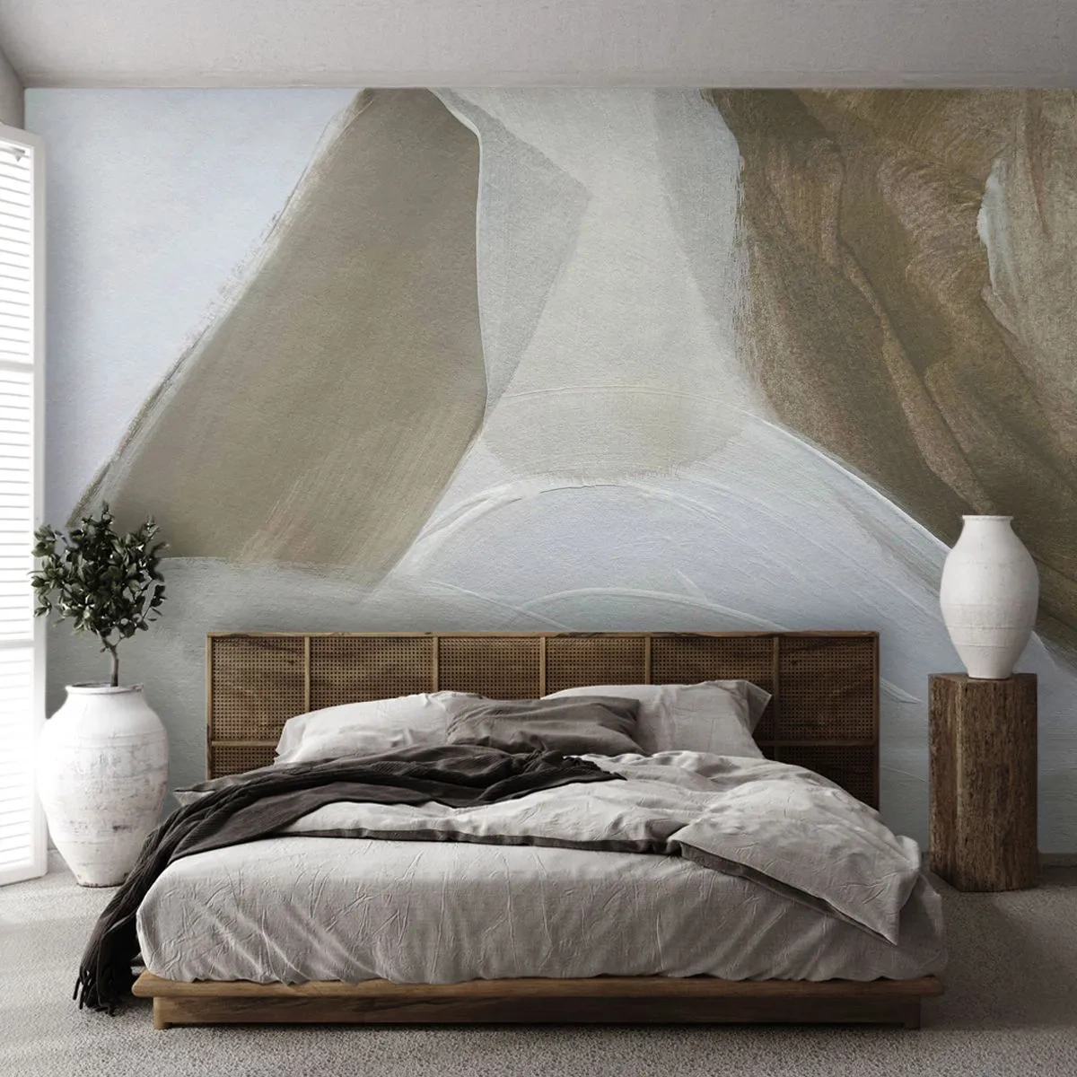 Fototapeta Premium Sand - Abstrakcyjne pociągnięcia bieli i beżu na płótnie - 100x70cm - Fala bieli - Nowoczesna dekoracja ścienna do salonu, kuchni i sypialni ARTTOR