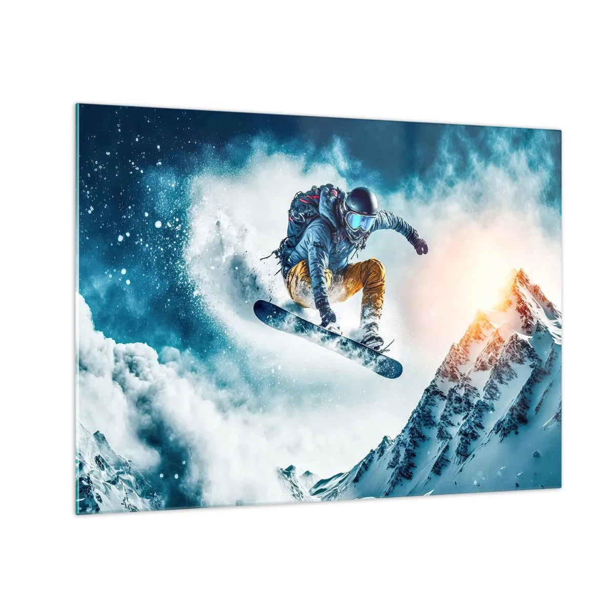 Obraz na szkle - Snowboardzista w locie nad ośnieżonymi górami - 70x50cm - Ekstremalne emocje - Nowoczesna dekoracja ścienna do salonu i sypialni ARTTOR