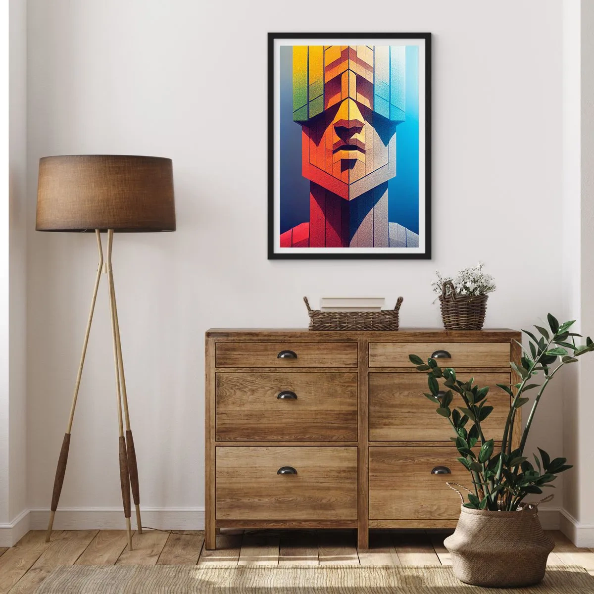 Plakat w czarnej ramie - Monumentalna twarz w geometrycznej stylizacji - 50x70cm - Człowiek z zasadami - Nowoczesna dekoracja ścienna do salonu i sypialni ARTTOR