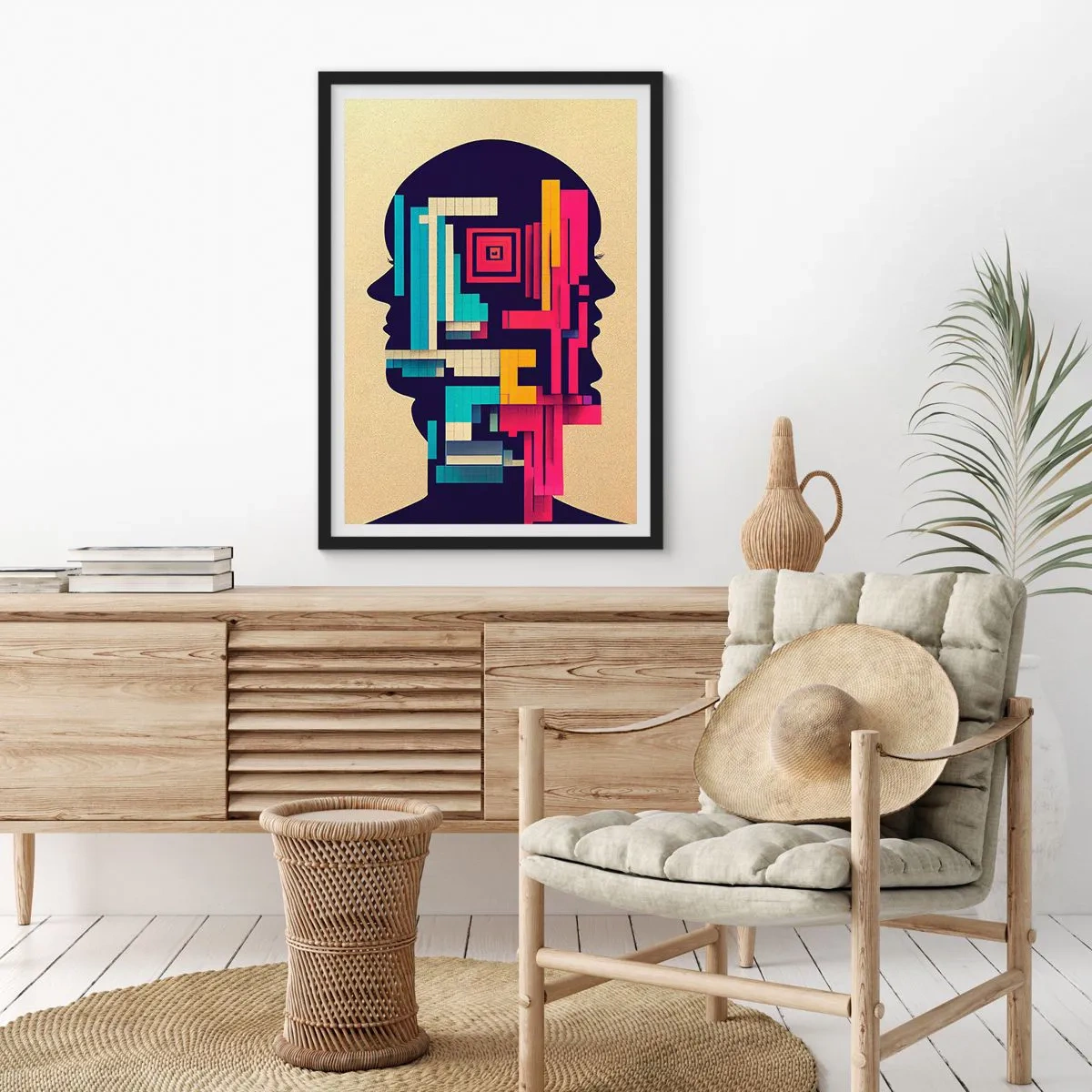 Plakat w czarnej ramie - Abstrakcyjna sylwetka z geometrycznymi formami - 50x70cm - Nowe więzi - Nowoczesna dekoracja ścienna do salonu i sypialni ARTTOR