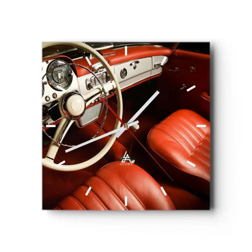Zegar ścienny - Wnętrze klasycznego samochodu z czerwonymi skórzanymi siedzeniami - 30x30cm - Luksus w stylu vintage - Nowoczesna dekoracja ścienna do salonu i sypialni ARTTOR