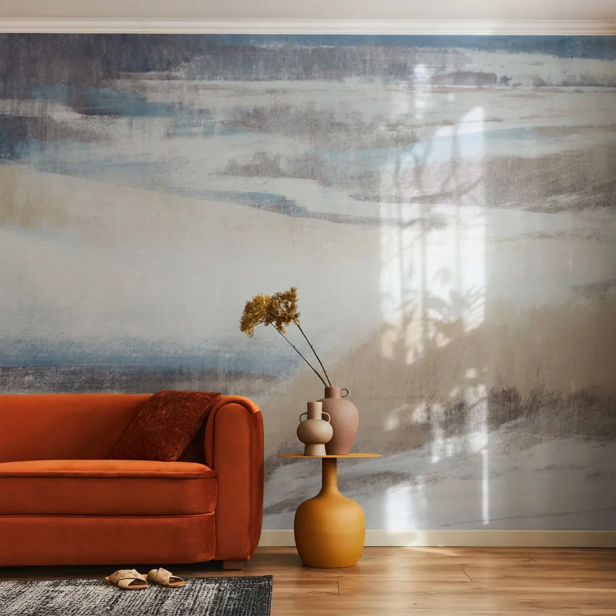 Fototapeta Premium Sand - Abstrakcyjny zimowy krajobraz z błękitem i beżem - 100x70cm - Zimowa kompozycja - Nowoczesna dekoracja ścienna do salonu, kuchni i sypialni ARTTOR