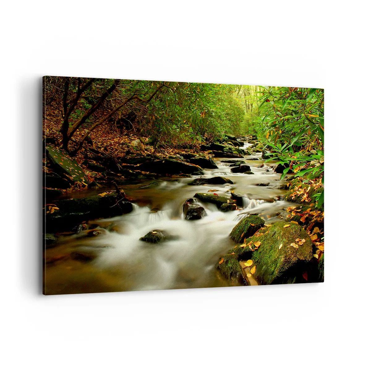 Obraz na płótnie - Leśny strumień płynący pomiędzy kamieniami otoczony zielenią - 120x80cm - Jak płynne srebro - Nowoczesna dekoracja ścienna do salonu, kuchni i sypialni ARTTOR