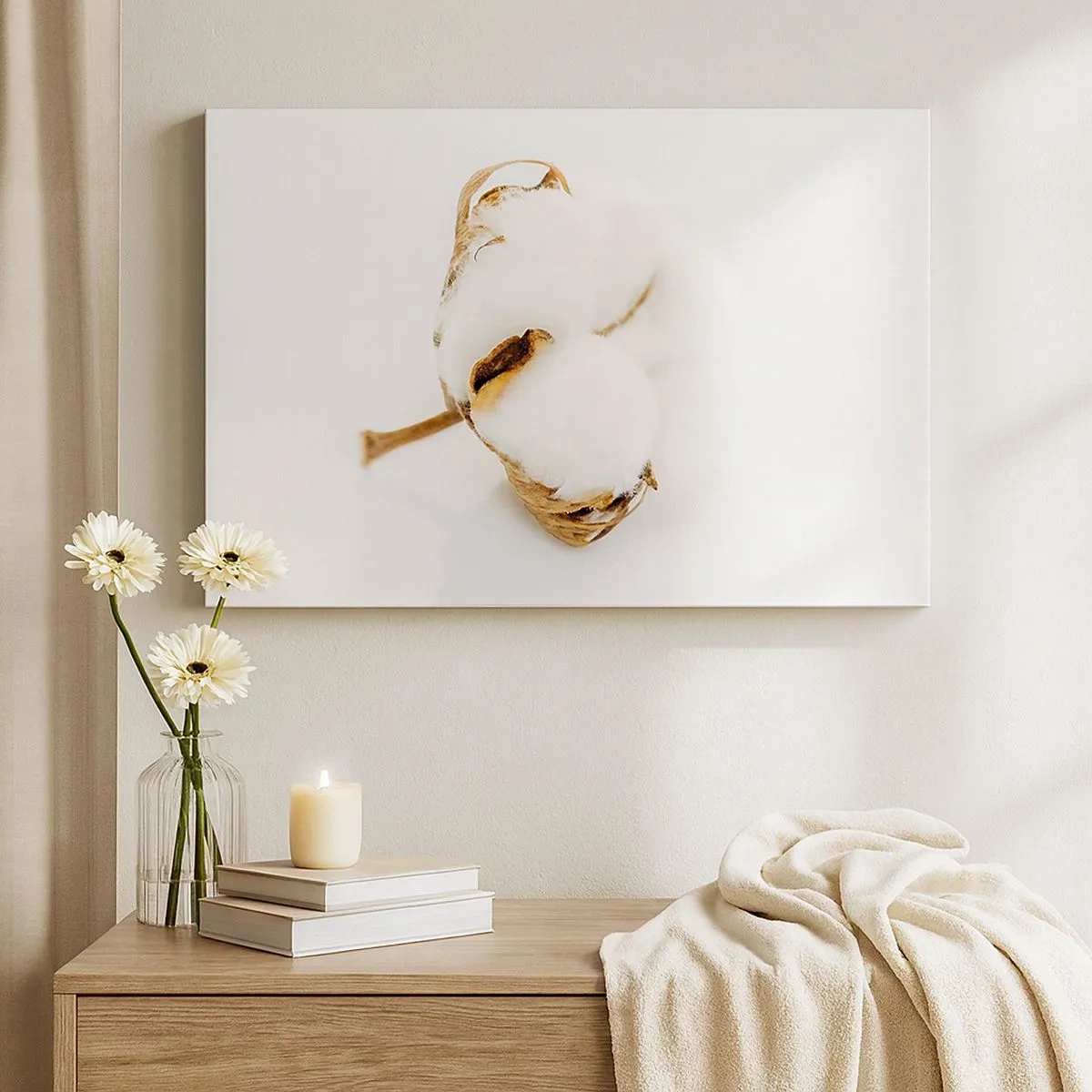 Obraz na płótnie - Gałązka bawełny na jasnym tle w minimalistycznym ujęciu - 70x50cm - Miękka z natury - Nowoczesna dekoracja ścienna do salonu i sypialni ARTTOR