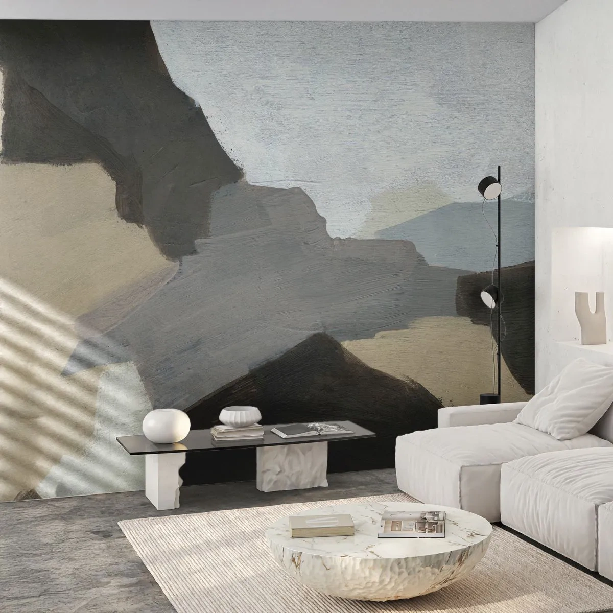 Fototapeta Premium Sand - Abstrakcyjna kompozycja z plamami szarości i beżu - 100x70cm - Abstrakcja: rozstaje szarości - Nowoczesna dekoracja ścienna do salonu, kuchni i sypialni ARTTOR