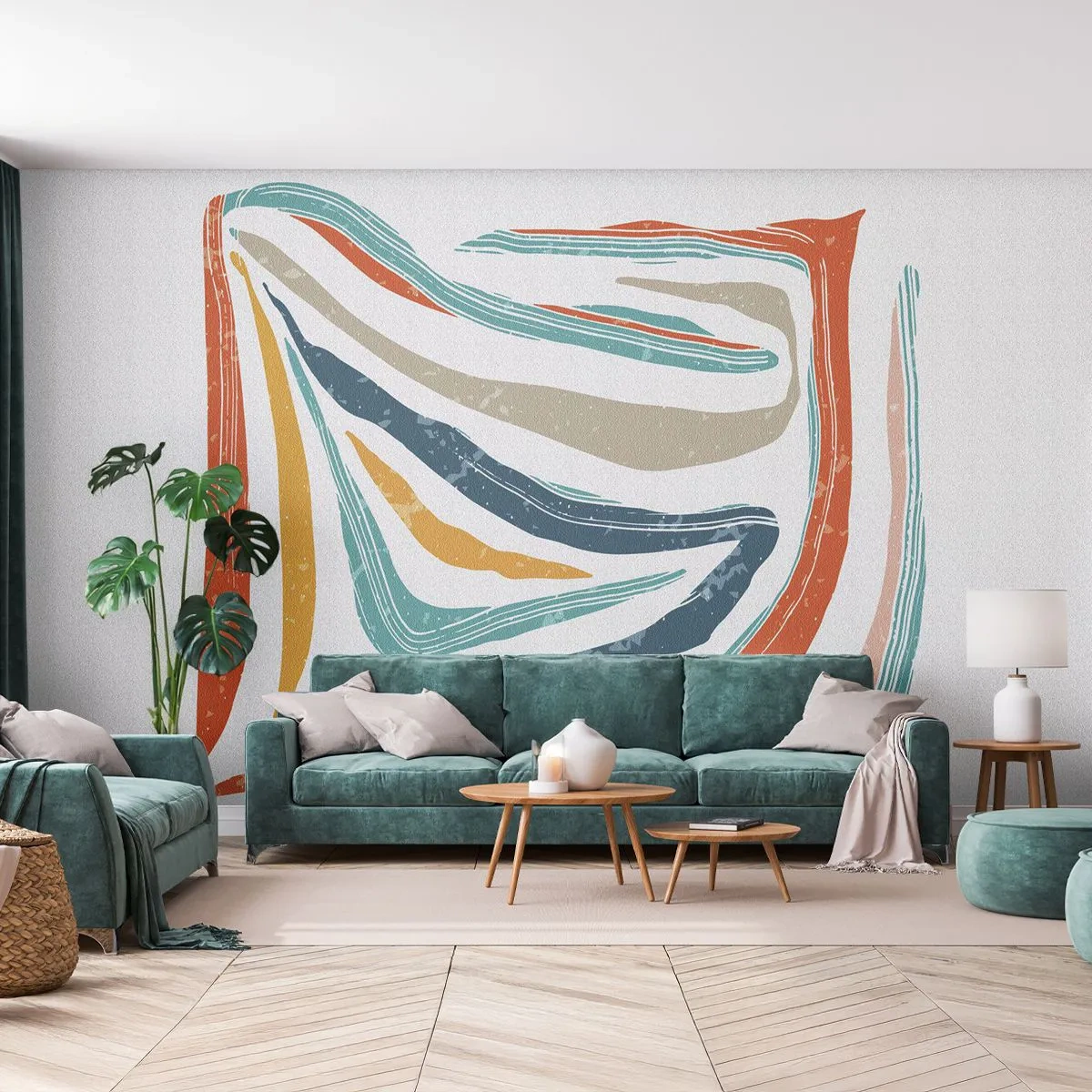 Fototapeta Premium Sand - Kolorowe abstrakcyjne pasy w geometrycznej formie na białym tle - 100x70cm - Abstrakcja przyjaźnie uśmiechnięta - Nowoczesna dekoracja ścienna do salonu, kuchni i sypialni ARTTOR