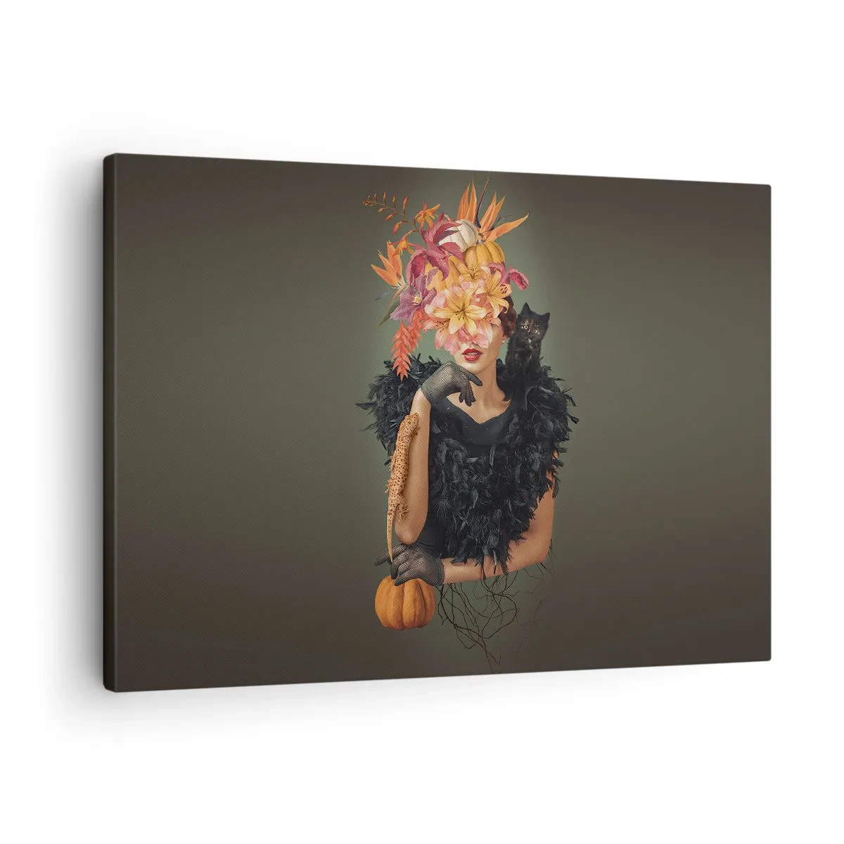 Obraz na płótnie - Portret kobiety z jesiennymi motywami i kotem - 70x50cm - Czar wiedźmy - Nowoczesna dekoracja ścienna do salonu i sypialni ARTTOR