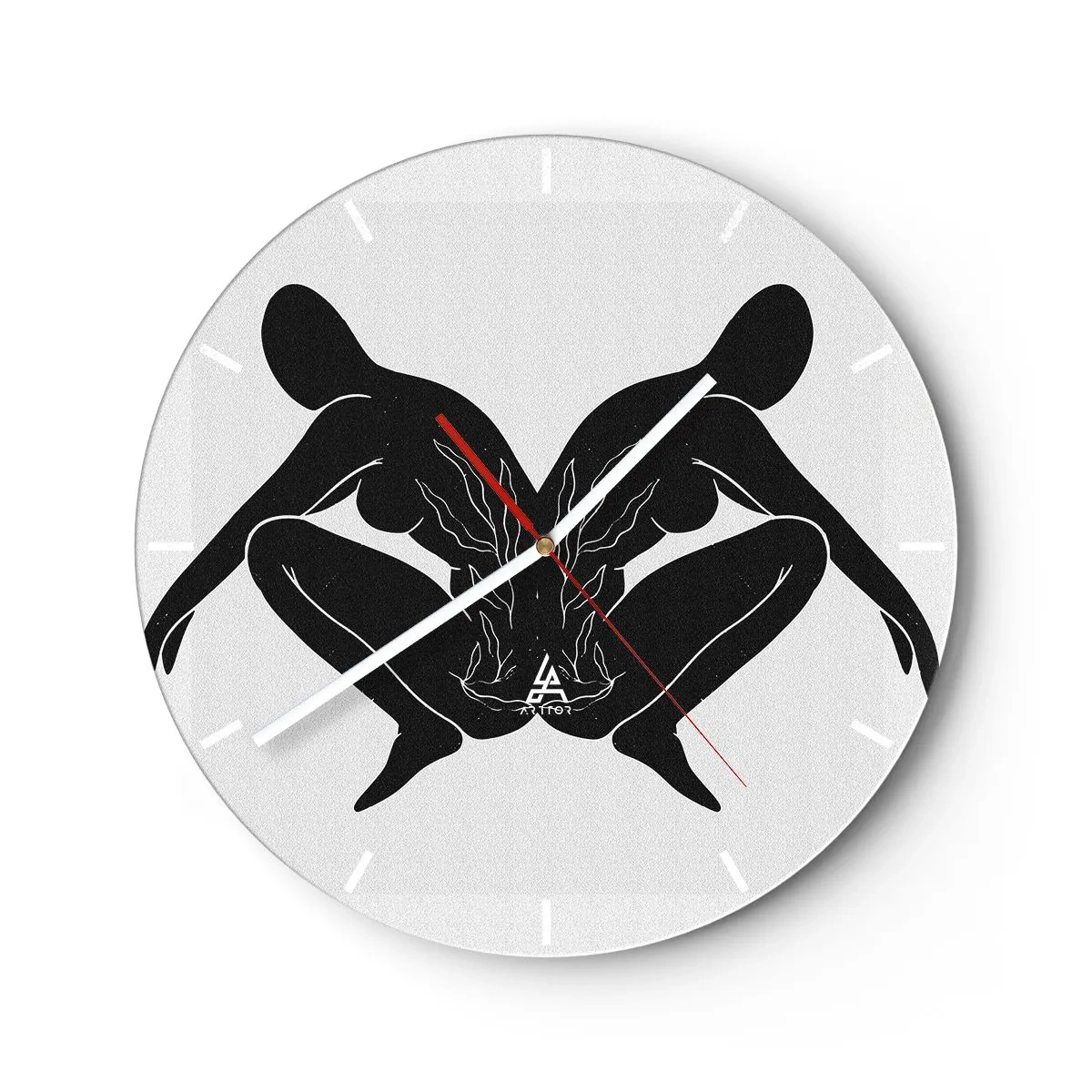 Zegar ścienny - Symetryczne postacie w czerni tworzące serce z ogniem pośrodku na jasnym tle - 30x30cm - Wspólna dusza - Nowoczesna dekoracja ścienna do salonu, kuchni i sypialni ARTTOR