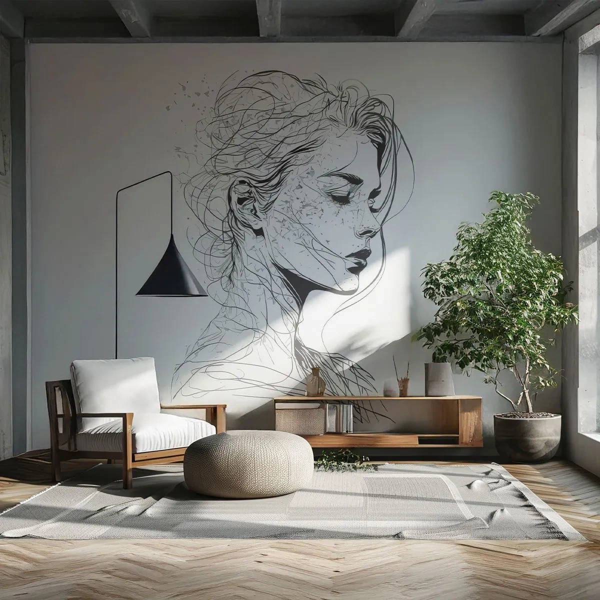 Fototapeta Premium Sand - Subtelna linia kobiecego portretu na jasnym tle - 100x70cm - Portret w zamyśleniu - Nowoczesna dekoracja ścienna do salonu, kuchni i sypialni ARTTOR